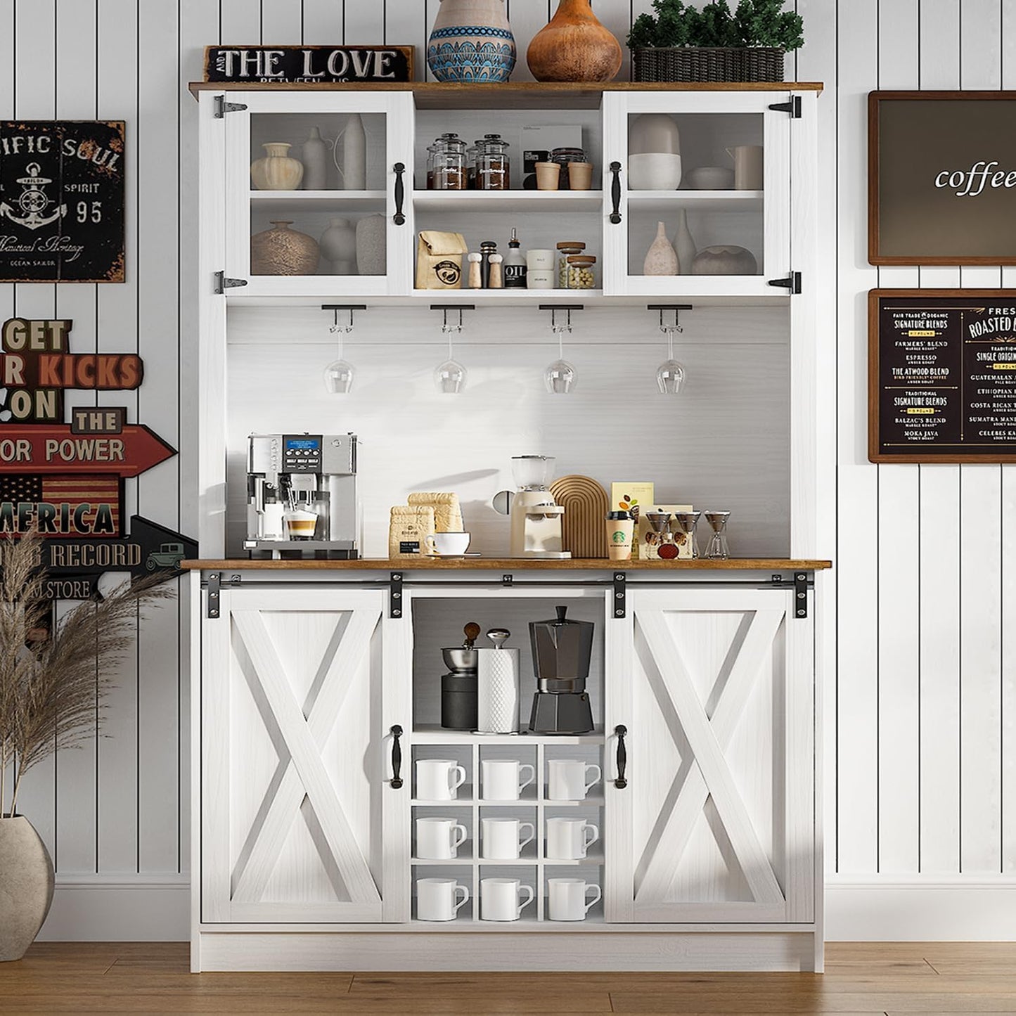 4ever2buy Farmhouse Coffee Bar Cabinet with Hutch, 72'' White Hutch Cabinet with 2 Glass Doors, Tall Wine Bar Cabinet with 9 Wine Racks, Coffee Bar Hutch with Storage for Living Room - WoodArtSupply