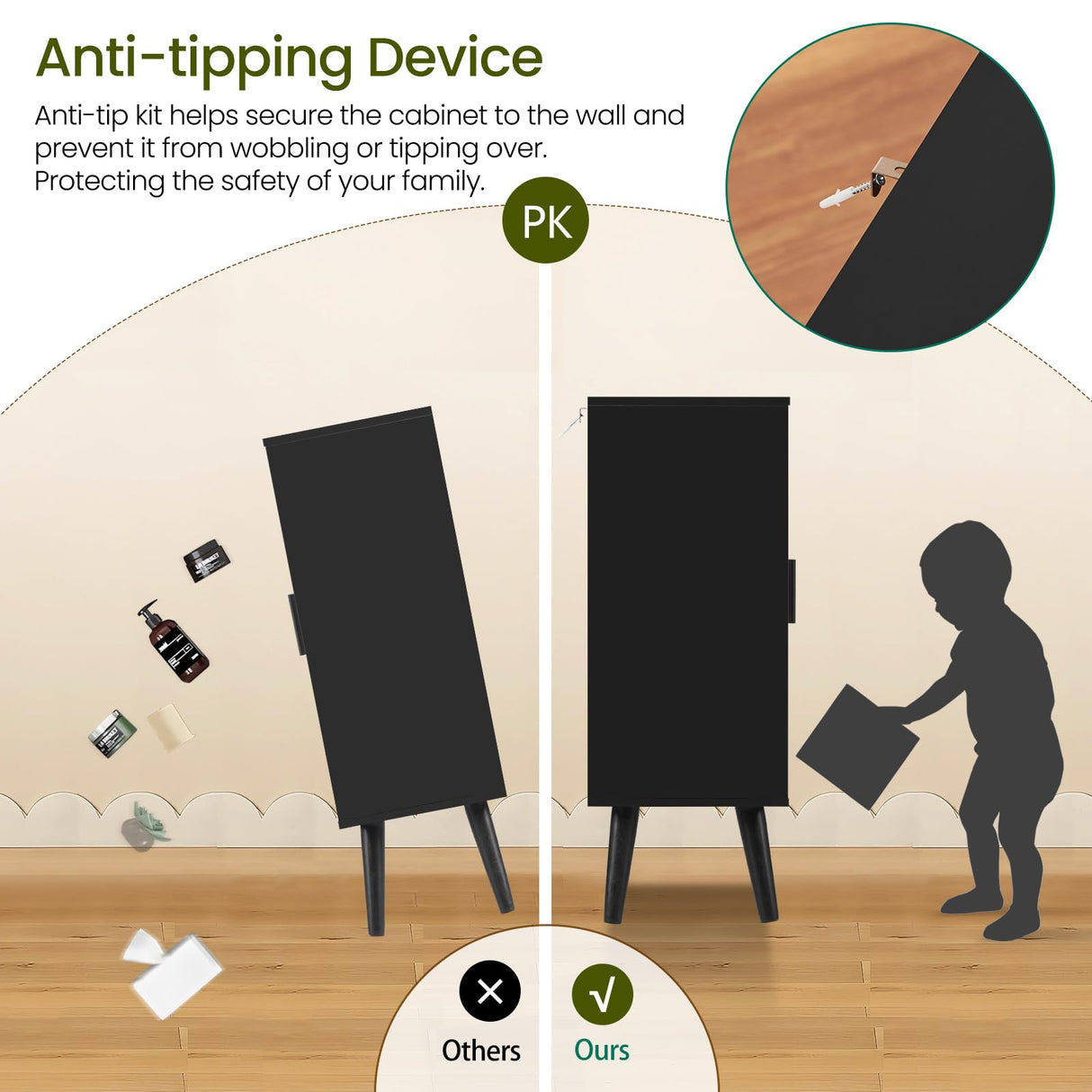 Iwell Storage Cabinet, Rattan Cabinet with Adjustable Shelf & Doors, Buffet Cabinet with Storage, Accent Cabinet for Living Room, Kitchen, Entryway, Natural+ Black Iwell