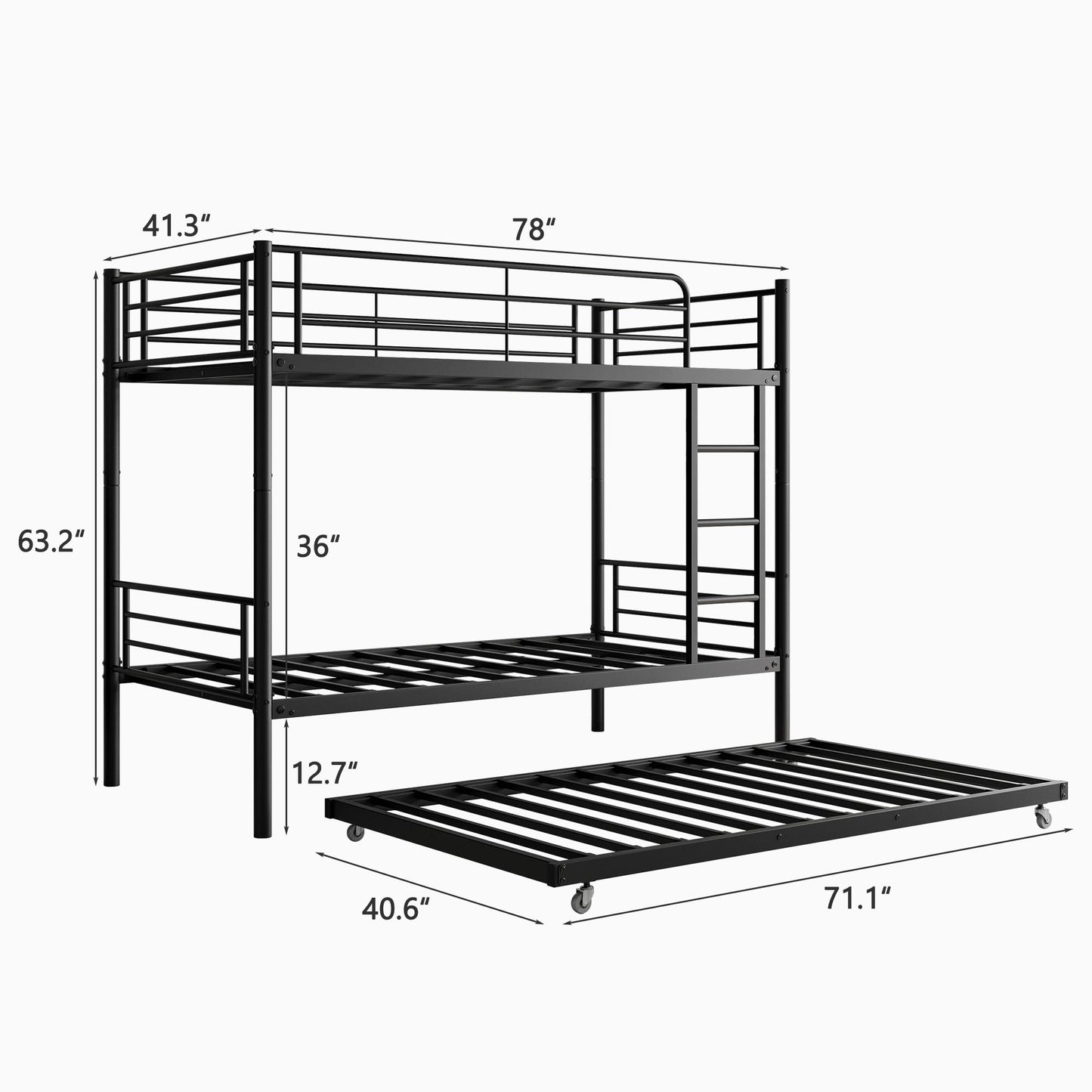 Yafornis Twin Bunk Bed with Trundle, Heavy Duty Metal Bunk Beds with Ladder and Full-Length Guardrail, Noise Free, No Box Spring Needed, Black