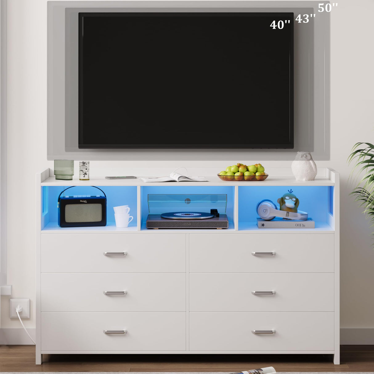 White Dresser for Bedroom with 6 Drawers, LED Dressers & Chests of Drawers with Power Strip, Modern Dressers Wide Storage for Bedroom Closet Whalefall