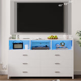 White Dresser for Bedroom with 6 Drawers, LED Dressers & Chests of Drawers with Power Strip, Modern Dressers Wide Storage for Bedroom Closet Whalefall