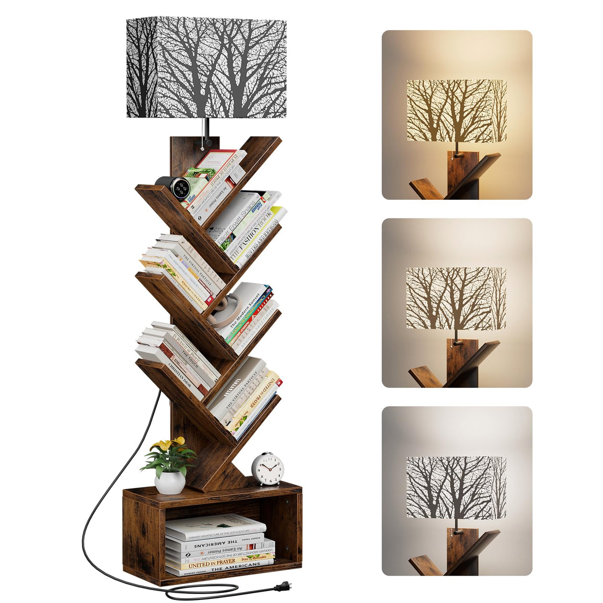 Evermagin Tree Bookshelf with Light, 6 Tier Small Bookcase, Narrow Floor Standing Book Tower Organizer with Storage Cabinet for Living Room, Bedroom & Home Office, Rustic Brown Evermagin