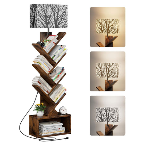 Evermagin Tree Bookshelf with Light, 6 Tier Small Bookcase, Narrow Floor Standing Book Tower Organizer with Storage Cabinet for Living Room, Bedroom & Home Office, Rustic Brown Evermagin