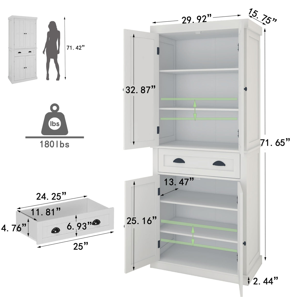 OQSC 72" Tall Kitchen Pantry and Storage Cabinet with Doors and Shelves, White Portable Pantry for Kitchen, Large Stand Alone Kitchen Pantry Storage Organizer OQSC