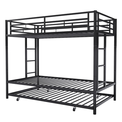 SUNLEI Metal Loft Bed with 2 Secured Ladders, Bunk Bed Twin Over Full with Trundle, Trundle Bed Twin Safety Guard, Space-Saving, Noise Free for Small Bedroom, Black (Modern w/Trundle, Twin Over Twin)