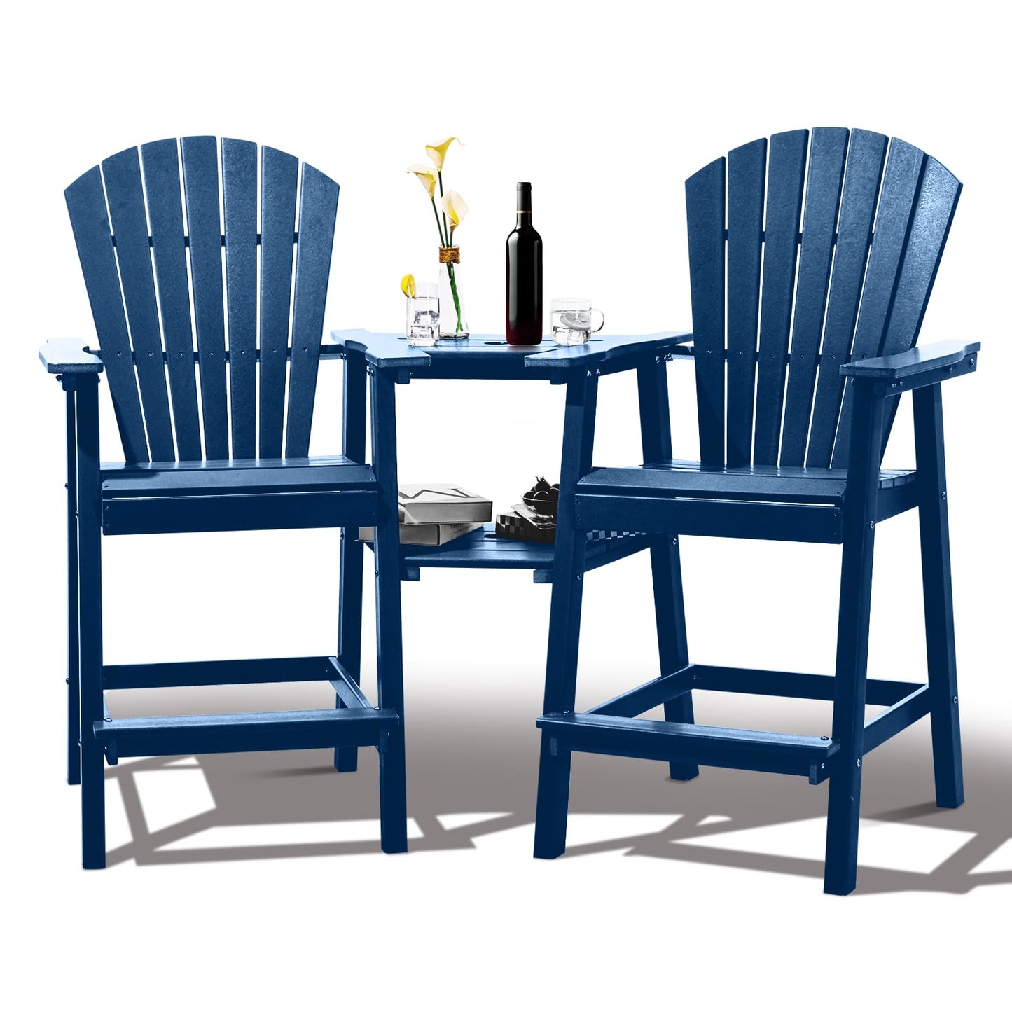 FOOWIN Tall Adirondack Chairs Set of 2，Recycled Poly Balcony Chair with Double Connecting Tray Patio Stools Weather Resistant for Outdoor Deck Lawn Pool Backyard (Double Connecting Tray, Navy - WoodArtSupply