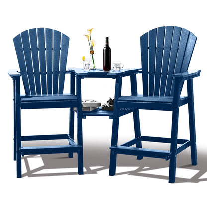 FOOWIN Tall Adirondack Chairs Set of 2，Recycled Poly Balcony Chair with Double Connecting Tray Patio Stools Weather Resistant for Outdoor Deck Lawn Pool Backyard (Double Connecting Tray, Navy - WoodArtSupply