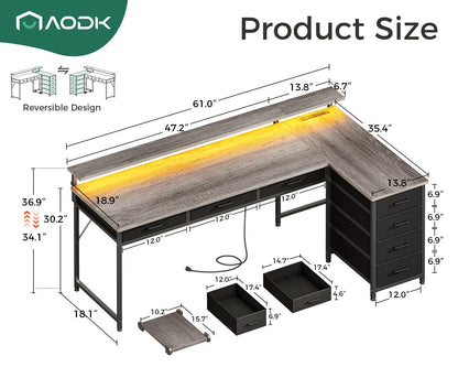 AODK 61" L Shaped Desk with 7 File Drawers, Gaming Desk with LED Light & Power Outlet, Reversible Home Office Desk with Monitor Shelf & Movable CPU Stand, Corner Computer Desk, Grey