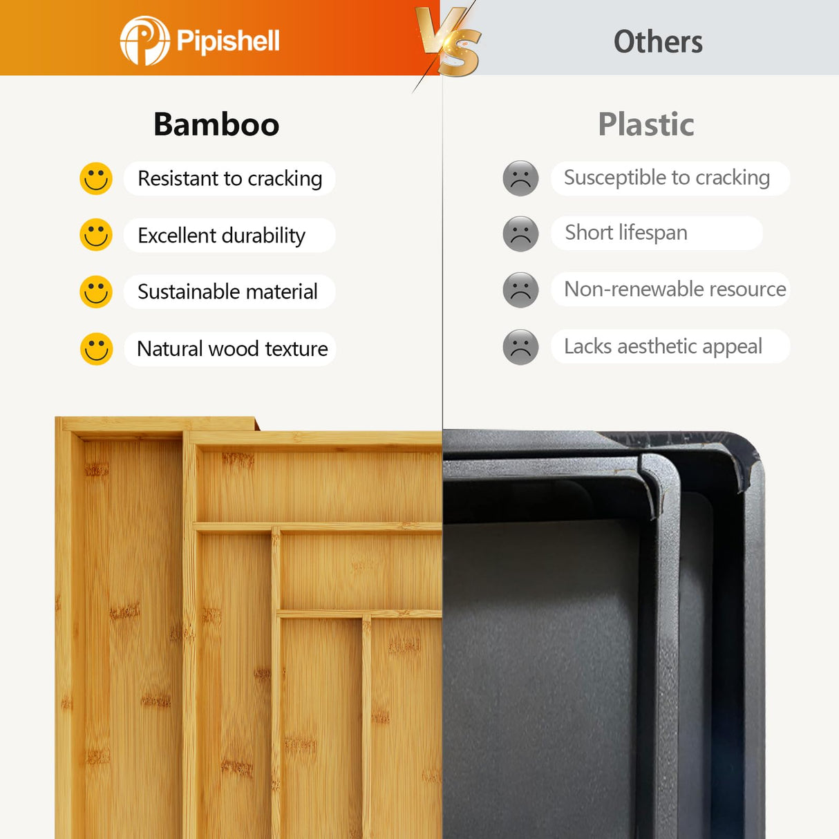 Pipishell Bamboo Expandable Drawer Organizer for Utensils Holder, Adjustable Cutlery Tray, Wood Drawer Dividers Organizer for Silverware, Flatware, Knives in Kitchen, Bedroom, Living Room Pipishell