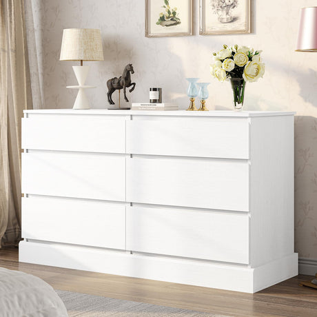 DICTAC 6 Drawers Dresser for Bedroom, White Modern Chest of Drawers, Storage Tower Clothes Organizer Closet, Long Double Dresser with No Handle Drawers, Dimensions 51.6''L x 15.7''D x 29.3''H DICTAC