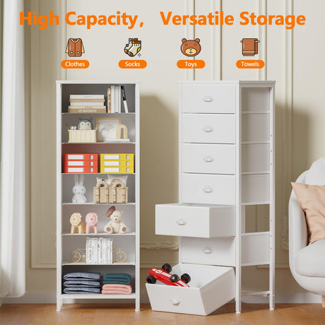 Furnulem White Tall Dresser for Bedroom with 7 Drawers, Vertical Chest of Drawer in Closet, Nightstand Storage Tower Unit Organizer with Fabric Bins for Dorm,Living Room,Entryway,Hallyway Furnulem