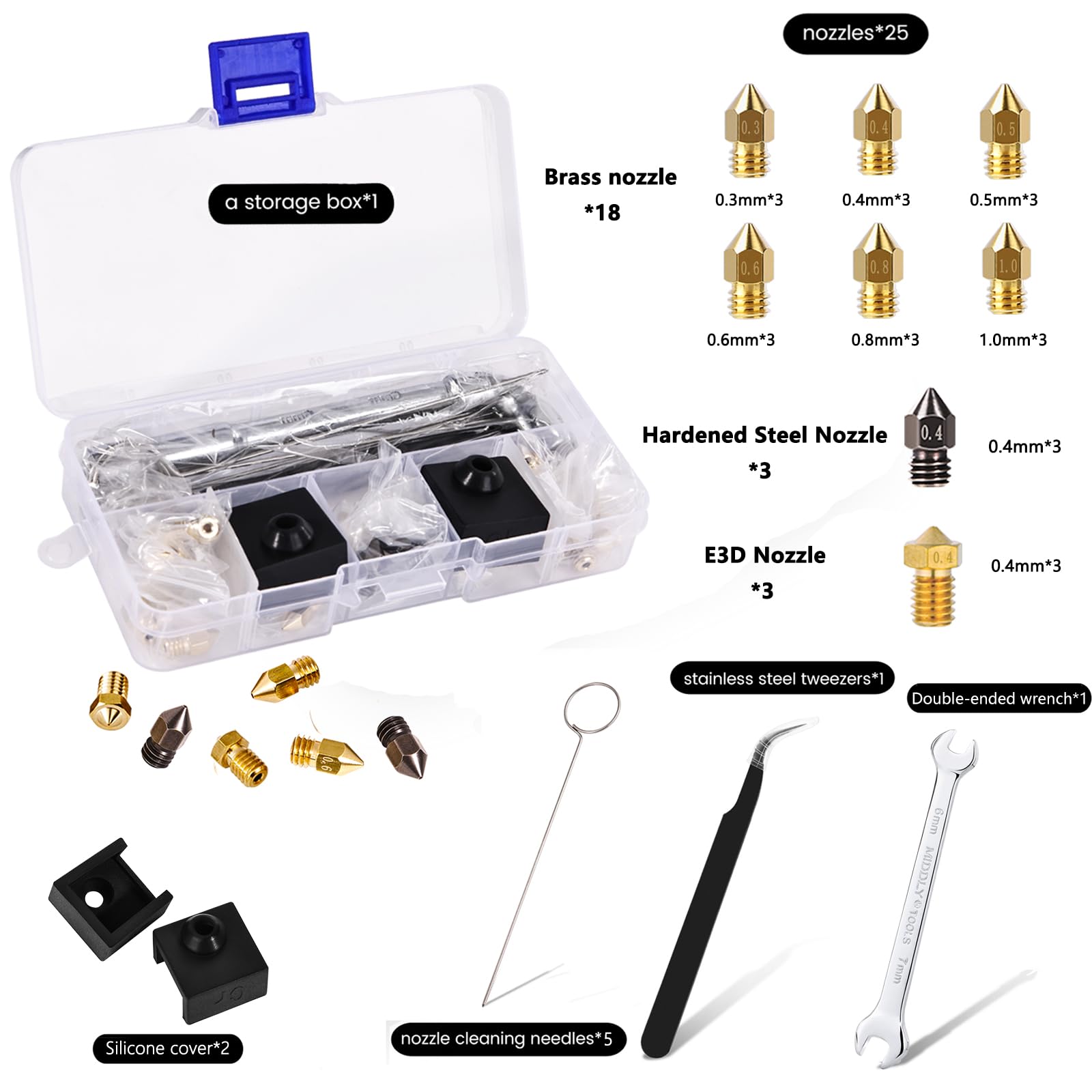 Comgrow 24PCS Ender 3 V2 Nozzles, 3D Printer Extruder Hardened Steel Nozzle 0.4mm, Brass Nozzle 0.3mm/0.4mm/0.5mm/0.6mm/0.8mm/1.0mm, DIY Tools Storage Box for Creality Ender 3 Series and CR 1 - WoodArtSupply