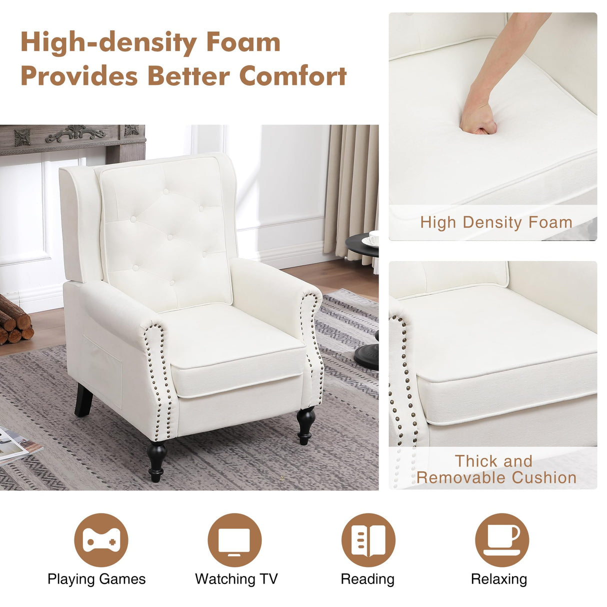 Modern Accent Chair Set of 2, Wingback Living Room Chairs with High Back, Accent Upholstered Armchair with Vintage Legs, Comfy Sofa Chair Accent Chairs Set for Bedroom Home Office Reading White choairy