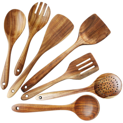 Wooden Spoons for Cooking, ADLORYEA Wood Kitchen Utensils Set, Natural Teak Wooden Cooking Utensils set for Nonstick Cookware, 7-Piece Sturdy Eco-friendly and Healthy Wooden Spatula for Cooki - WoodArtSupply