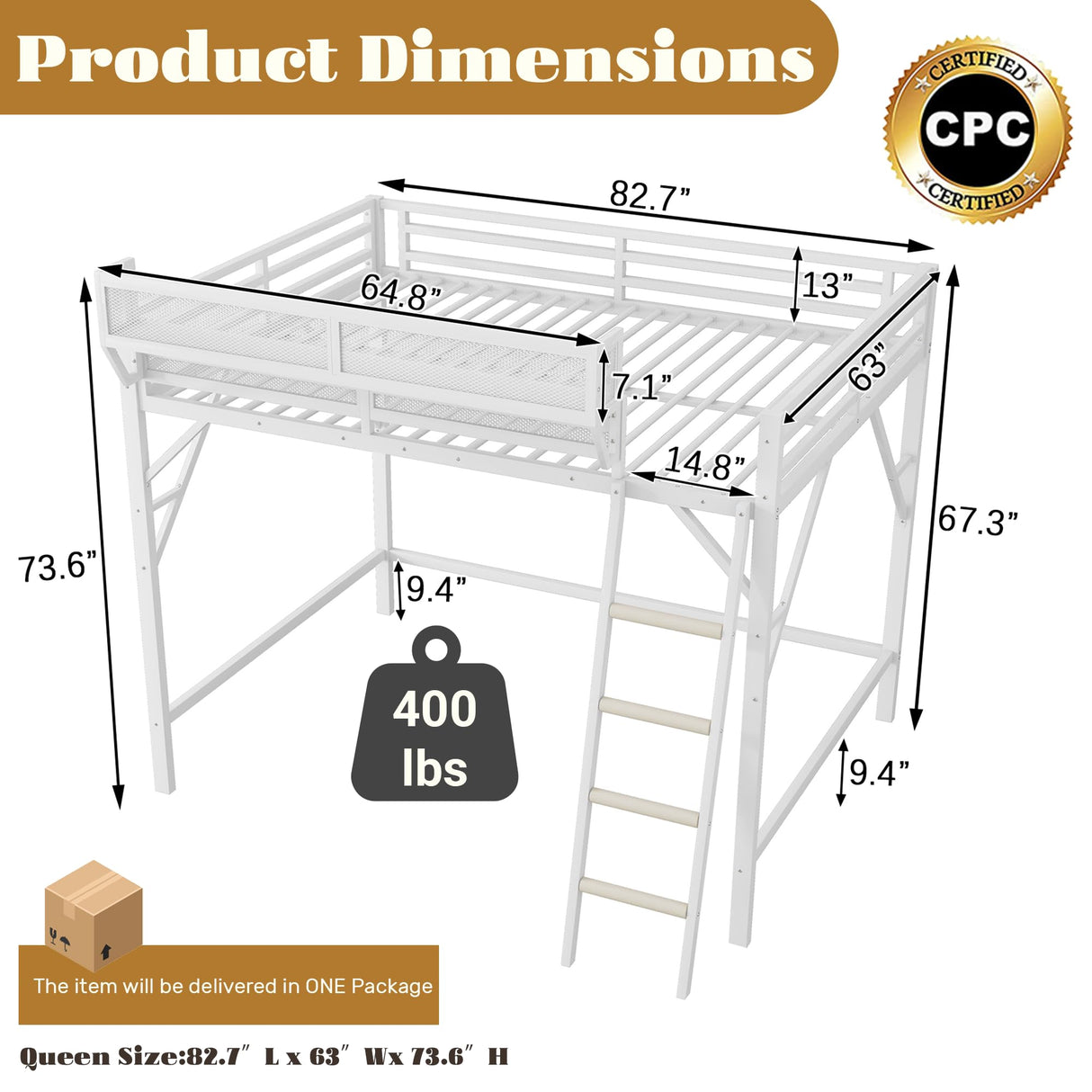 Mirightone Queen Size loft Bed with A Shelf, Metal Loft Beds with Soft Ladder Rung Cover, Heavy-Duty Tall Loft Bed Frame for Kids Boys Girls Teens Adults, Noise-Free,No Box Spring Needed, White Mirightone