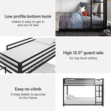 DHP Miles Low Metal Bunk Bed Frame for Kids, With Built-in Ladder, High Guardrail and Metal Slats, Floor Bed Bottom Bunk, No Boxspring Required, For Small Spaces, Twin-Over-Twin, Black DHP