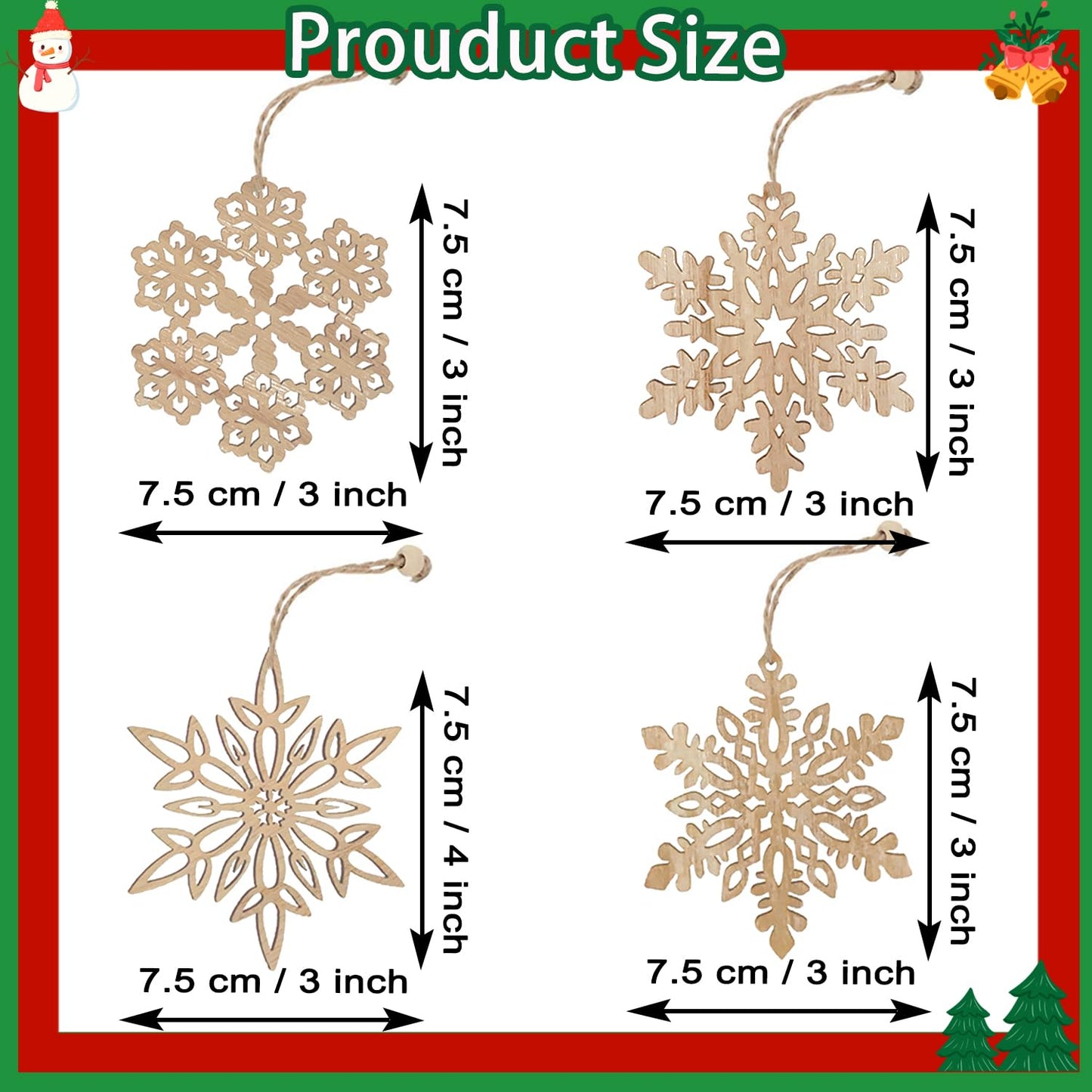 12 Pcs Wooden Snowflakes Ornaments 3 inch Christmas Wood Snowflake Hanging Decorations with Twine, Unfinished Rustic Farmhouse Bulk Cutouts for DIY Painting Xmas Tree Crafts Decor