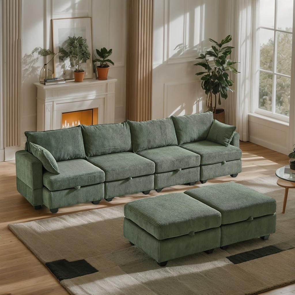 KEIKI 113.5" Modular Sectiona Corduroy Sofa Storage Ottoman, 6 Seat Sectional U Shaped Couches for Living Room Bedroom Office Apartment, Green KEIKI
