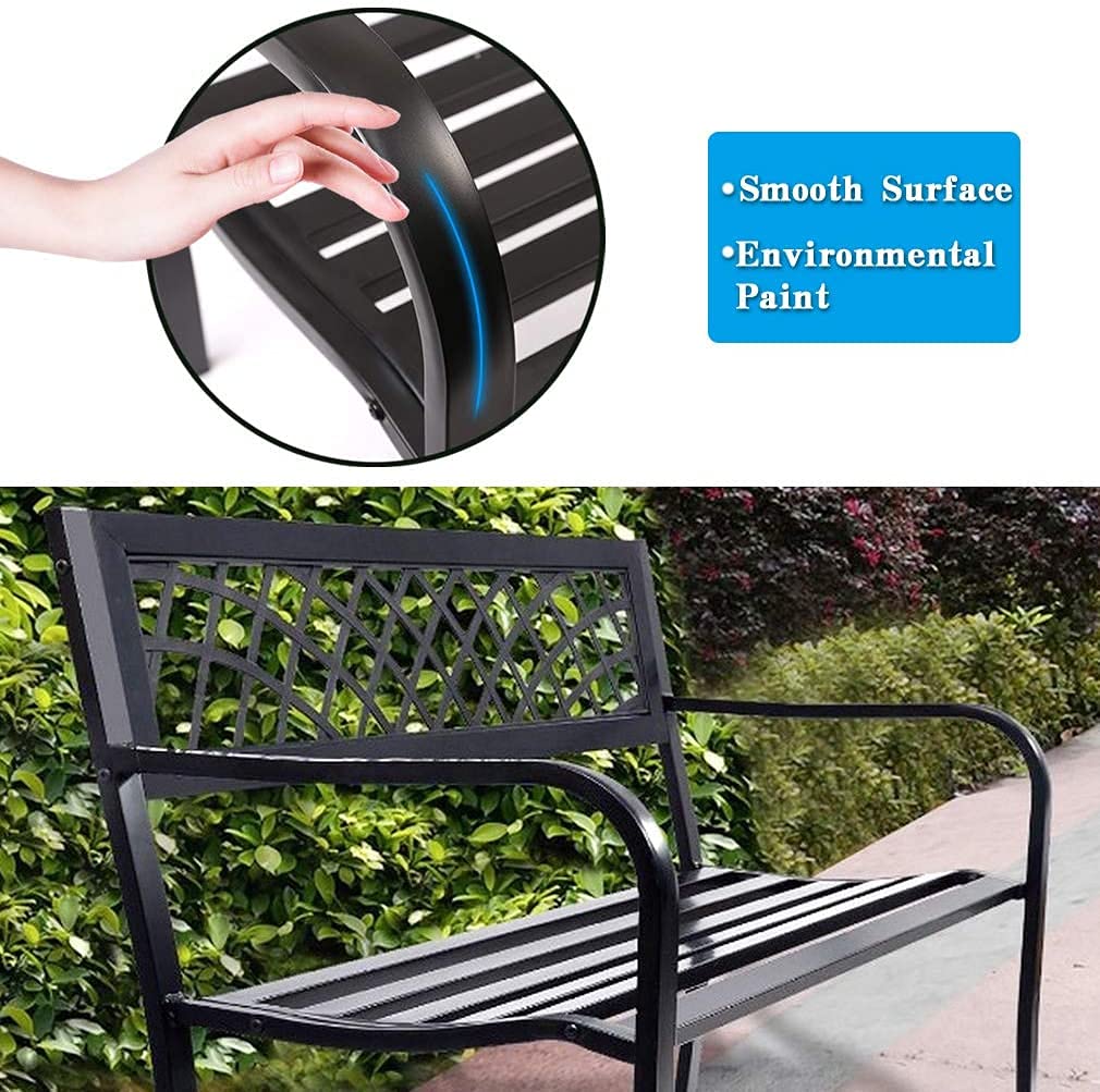 Garden Bench,Outdoor Benches,Iron Steel Frame Patio Bench with Mesh Pattern and Plastic Backrest Armrests for Lawn Yard Porch Work Entryway,Black FDW