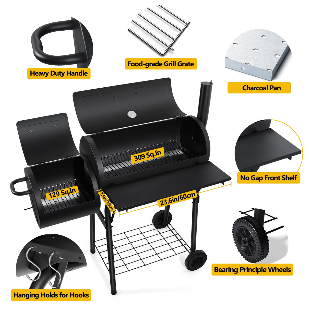 Outdoor Charcoal Grill with Smoker, Leonyo 14Inch Wide Charcoal Grill with Offset Smoker for Backyard Party Cooking, 438 Sq.in. BBQ Cooking Surface,Black Leonyo