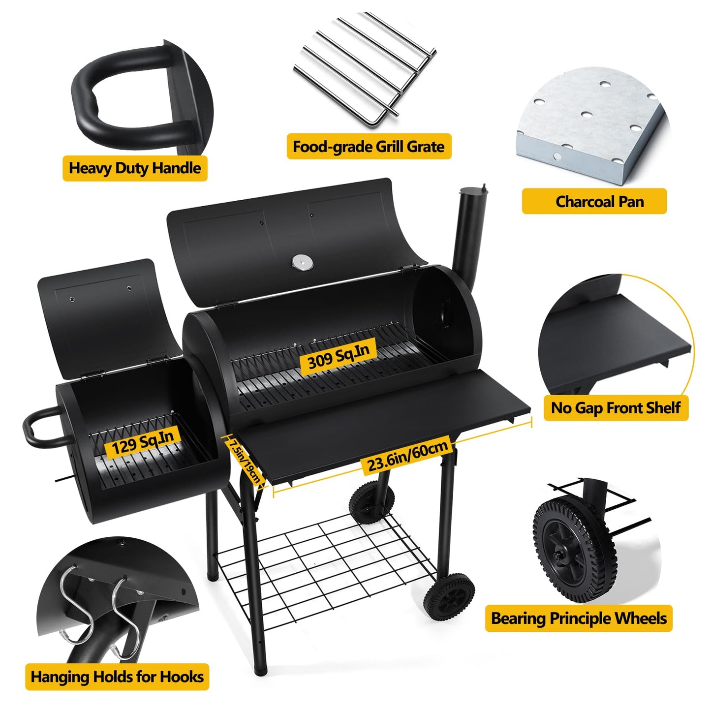 Outdoor Charcoal Grill with Smoker, Leonyo 14Inch Wide Charcoal Grill with Offset Smoker for Backyard Party Cooking, 438 Sq.in. BBQ Cooking Surface,Black