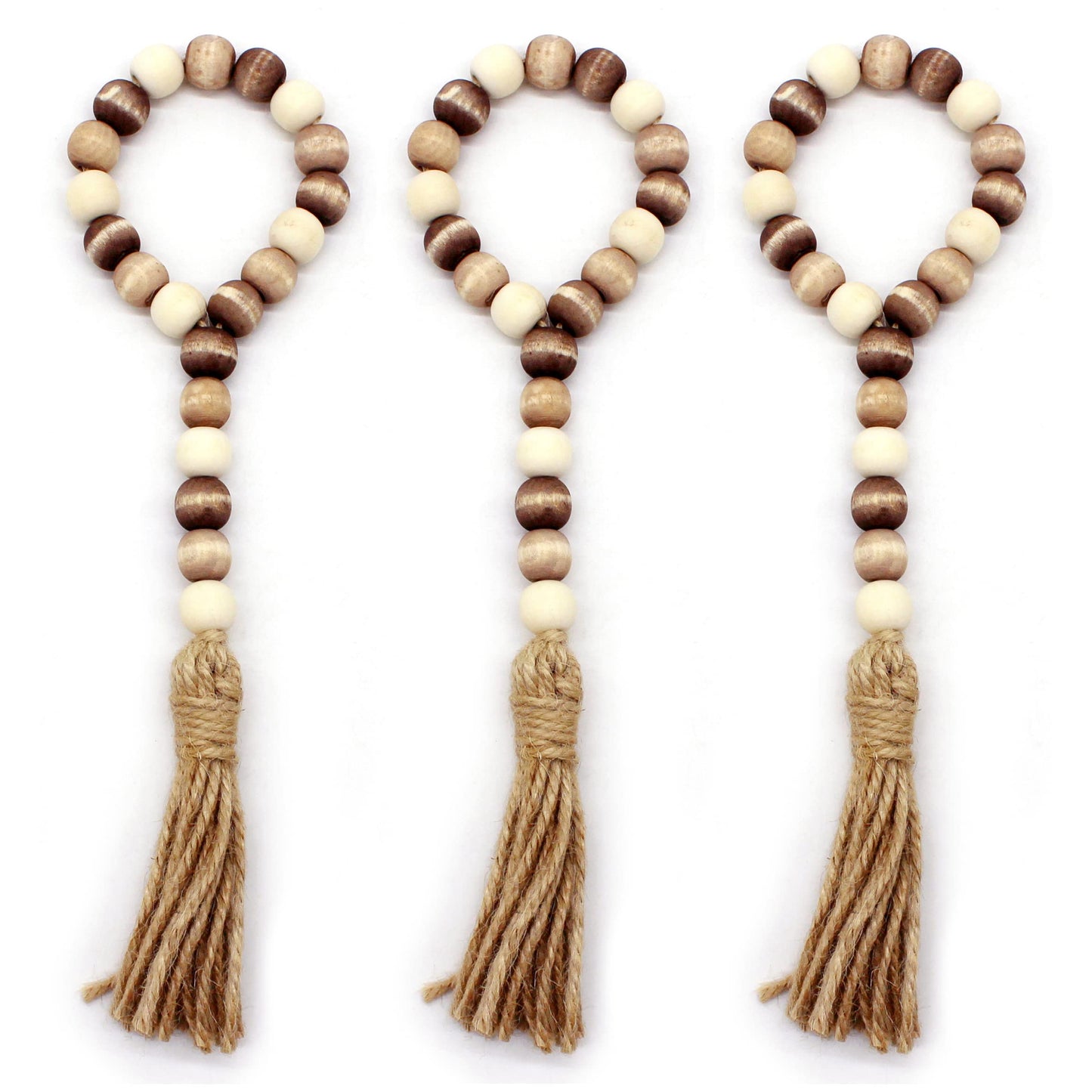 CVHOMEDECO. Wood Bead Garland with Tassels 3 PCS Farmhouse Rustic Wooden Prayer Beads String Wall Hanging Accent for Home Festival Decoration. Mix Distressed