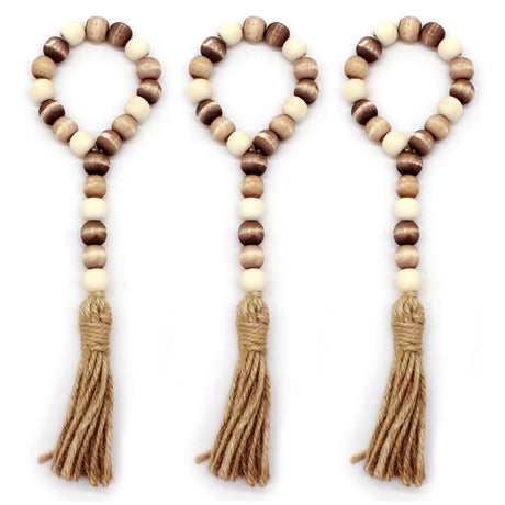 CVHOMEDECO. Wood Bead Garland with Tassels 3 PCS Farmhouse Rustic Wooden Prayer Beads String Wall Hanging Accent for Home Festival Decoration. Mix Distressed CVHOMEDECO.