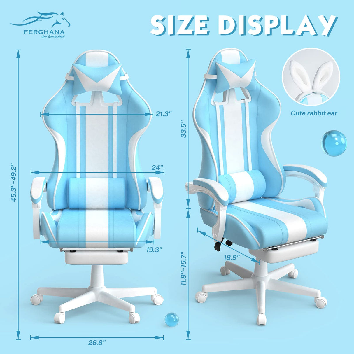 Ferghana Kawaii Light Blue Gaming Chair with Bunny Ears, Ergonomic Cute Gamer Chair with Footrest and Massage, Racing Reclining Leather Computer Game Chair 250lbs for Girls Adults Teens Kids Ferghana