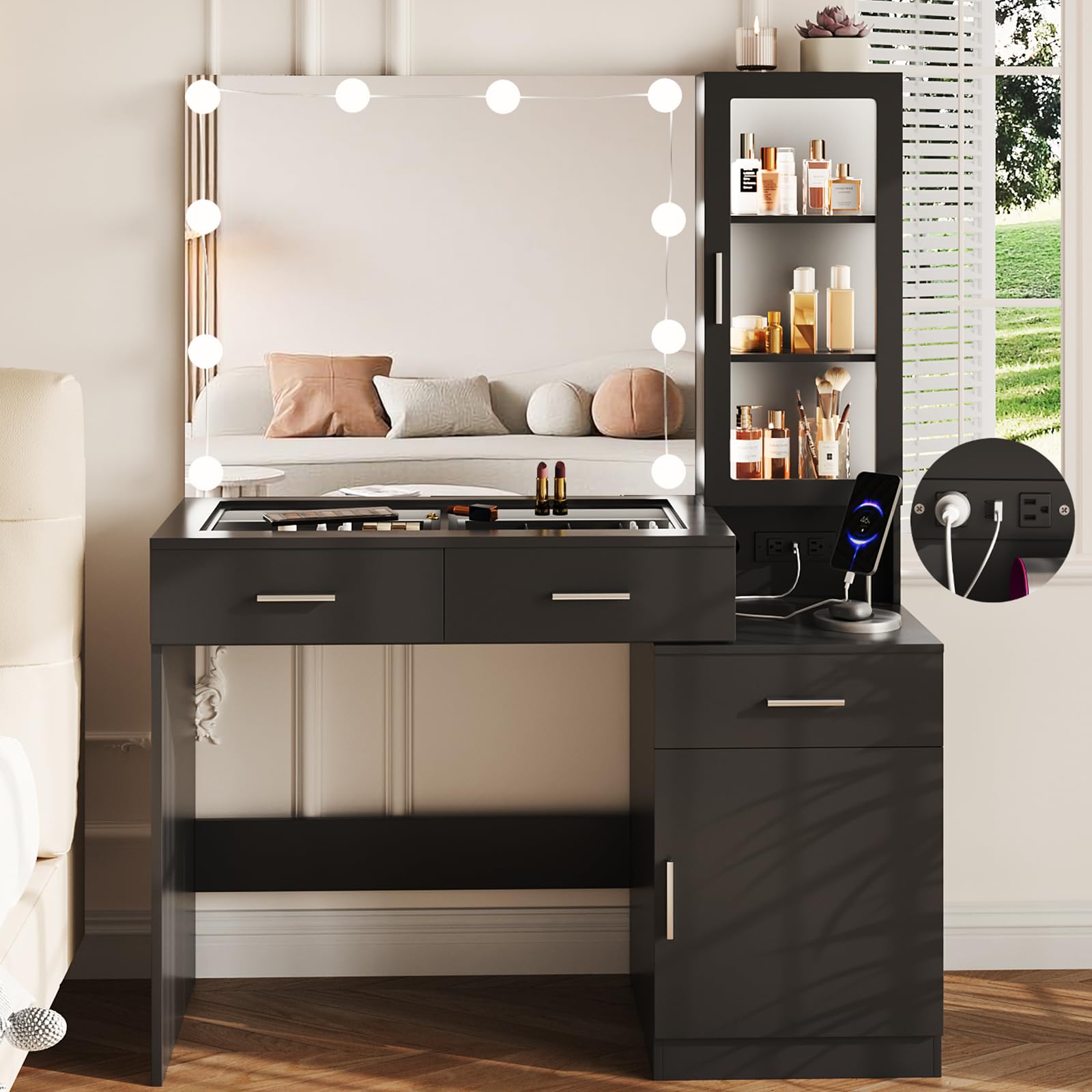 Fameill Glass Top Vanity with Mirror and Lights, Black Makeup Vanity Desk with Charging Station, Vanity Table Set with RGB Lights, Large Mirror with 3 Lighting Modes, 3 Drawers & Cabinet, 43i - WoodArtSupply