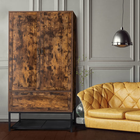 VINGLI Armoire, Wardrobe Closet with Hanging Rod, Bedroom 71" Freestanding Wardrobe Cabinet with Doors, Adjustable Shelves and Drawer, Open Compartment, Rustic Brown VINGLI