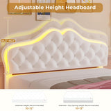 ADORNEVE Full Bed Frame with RGB LED Lights, Princess Bed Frame with Adjustable Crystal Button Headboard, Velvet Upholstered Platform Bed for Girls, Solid Wooden Slats, Easy Assembly, Creamy White ADORNEVE