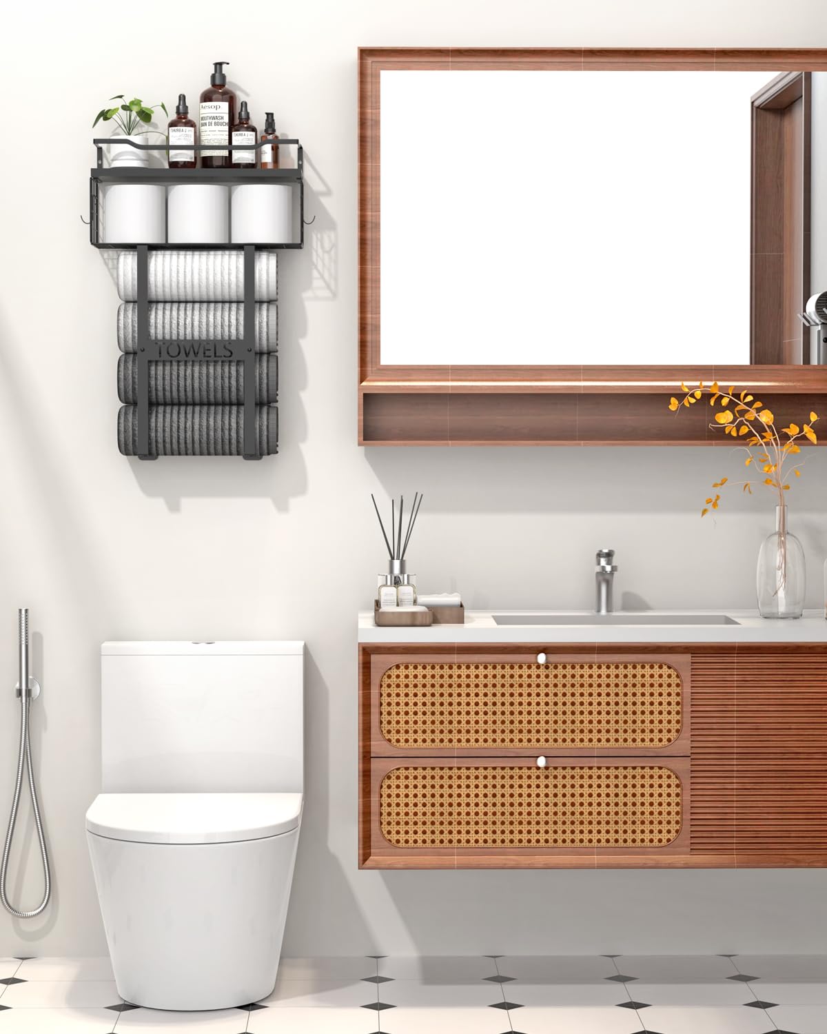 Wall Mounted Towel Rack for Bathroom - Bath Storage Holder Set Above Toilet, Rolled Towel Shelf Organizer, Wood Vertical Rack for Small Bathroom Decor, Black Aetyord