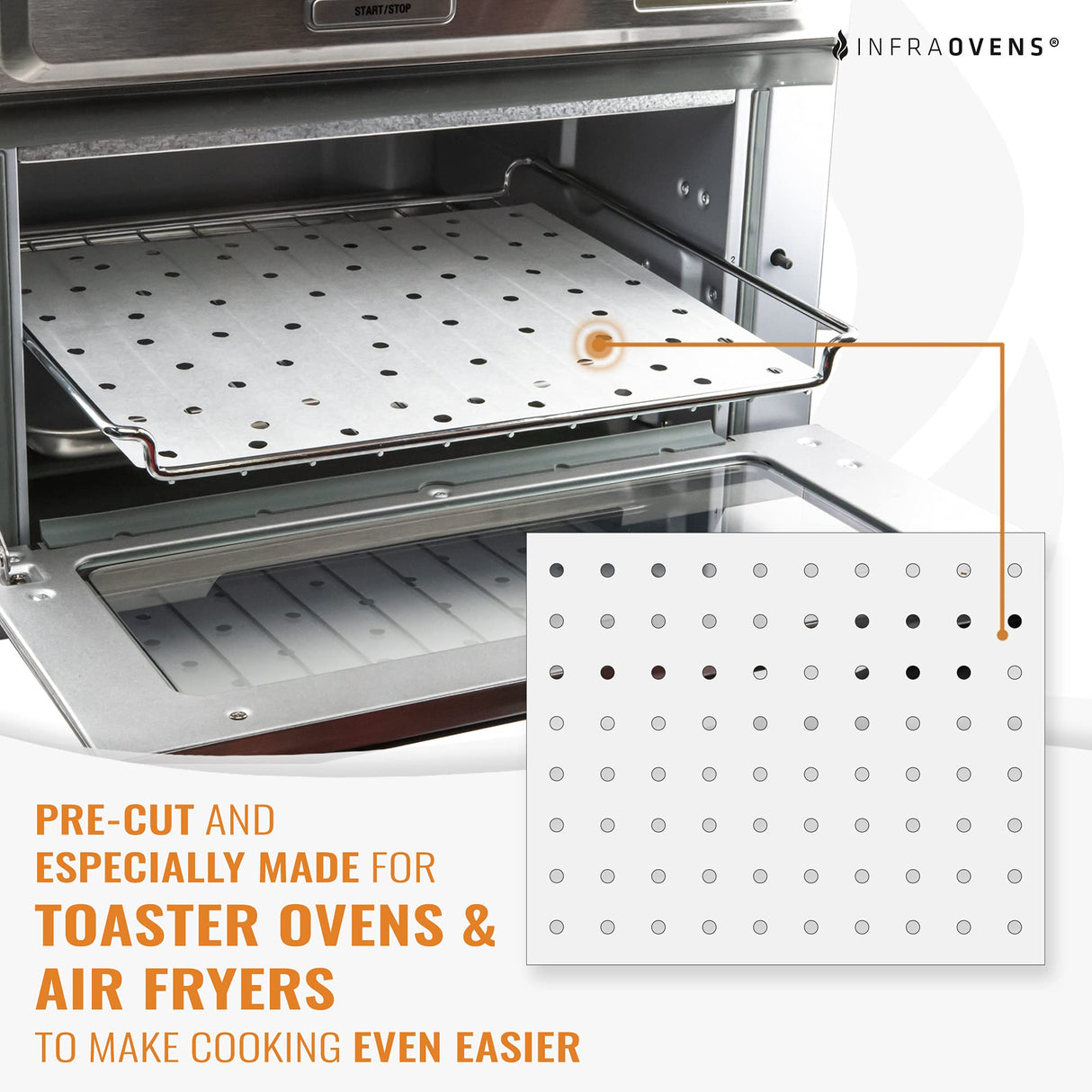 Parchment Paper Sheets for Toaster Oven Air Fryer 9 x 11 Compatible with Gowise, Cuisinart, Black Decker, Emeril Lagasse, Breville + More, Perforated Non-Stick Paper Liners for Cooking on Oven Rack INFRAOVENS