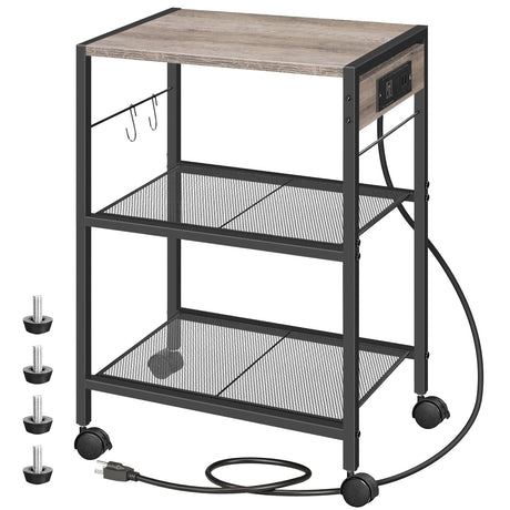 HOOBRO Industrial Printer Stand, 3-Tier Mobile Printer Table, Rolling Cart with Power Outlets and USB Ports, Home Printer Stand with 2 Hooks, for Office, Living Room, Greige and Black BG22UPS01 HOOBRO