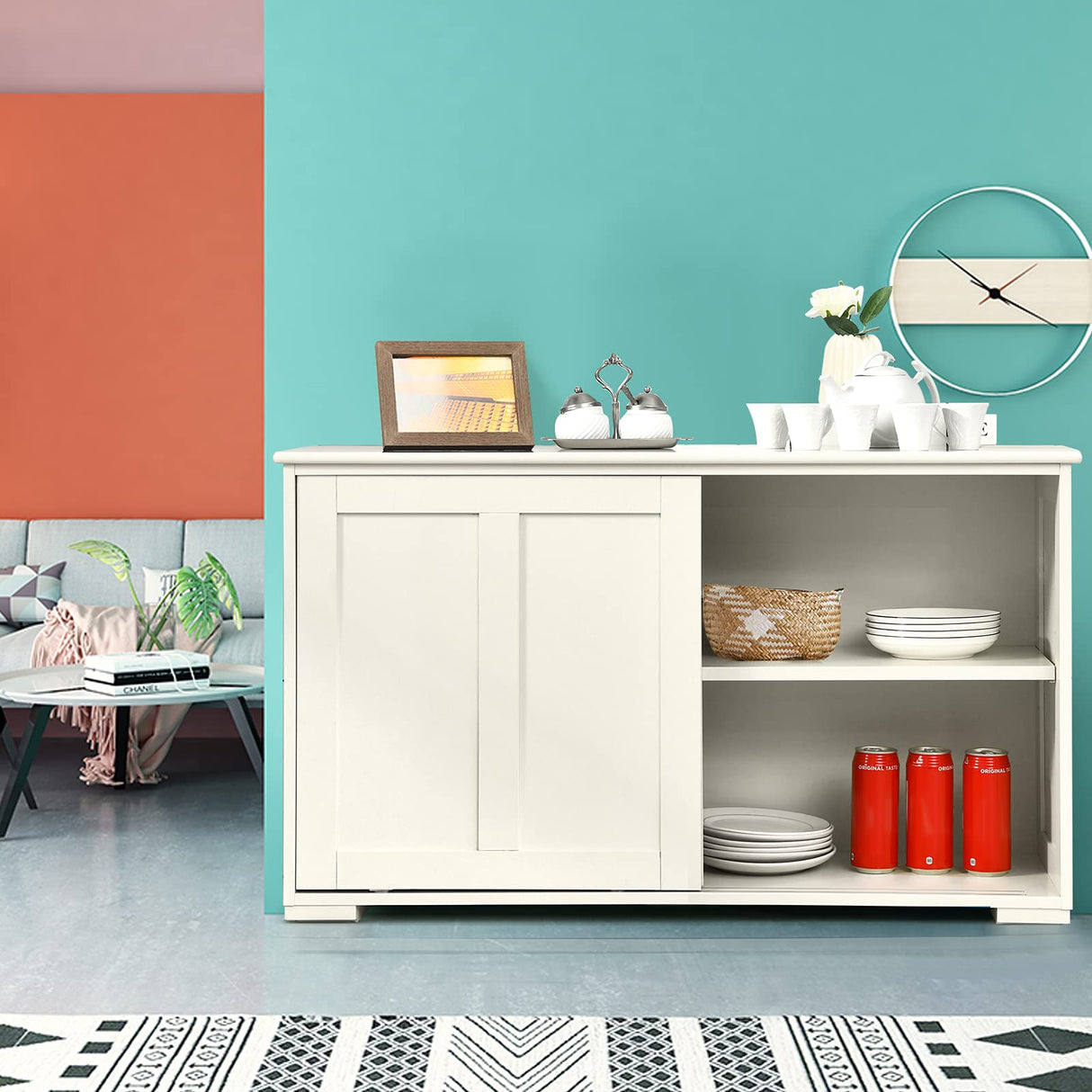 Costzon Sideboard Buffet Cabinet, Wooden Kitchen Storage Cabinet with Adjustable Shelf, Sliding Barn Door, Accent Coffee Bar Cabinet Console Table for Living Room, Dining Room, Hallway (White) Costzon