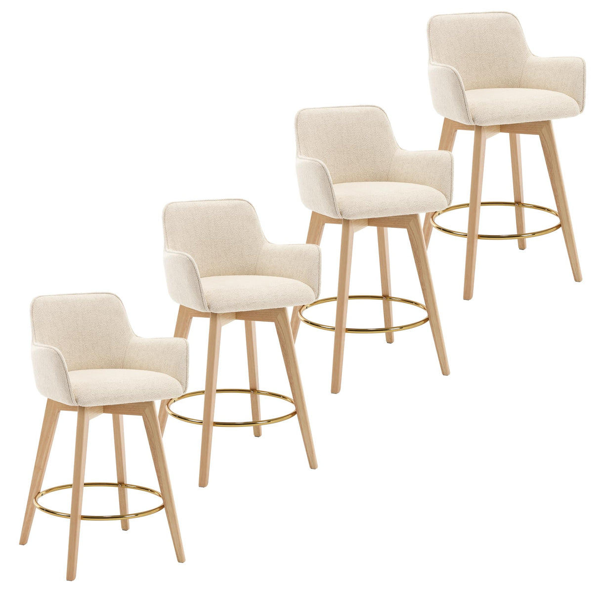 ONEVOG Modern 26" Counter Height Bar Stools Set of 4, Swivel Kitchen Island Tall Chairs with Back, Arm, Footrest and Solid Wood Legs, Linen Fabric Upholstered Farmhouse Barstools for Countertop, Beige ONEVOG