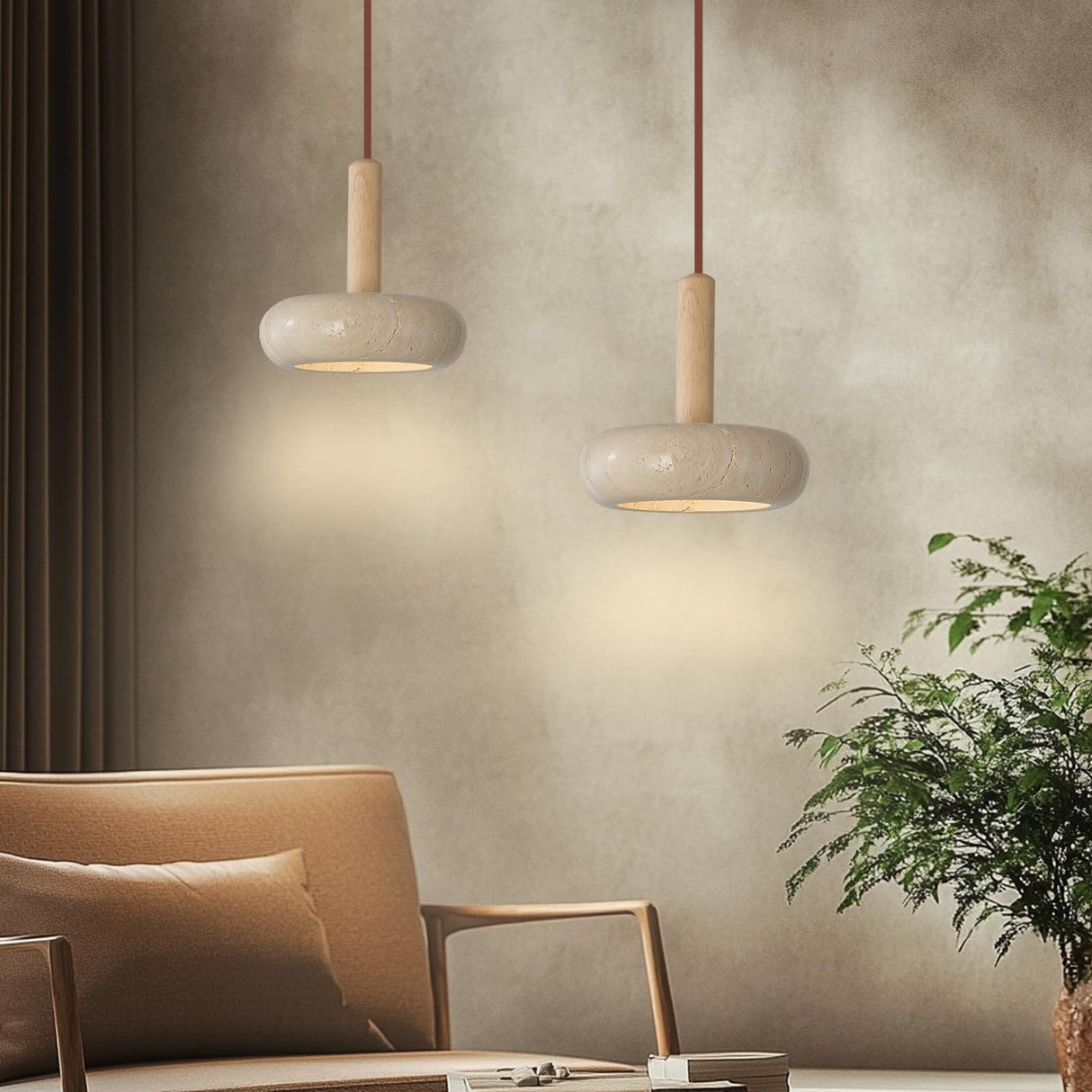 JIANTLAIUS 2PCS Japanese Wabi-sabi Style Pendant Light Round Natural Stone Shade Nordic Wood Chandelier Bedroom Bedside Light 12W for Living Dining Room Table Ceiling Hanging Lamp JIANTLAIUS