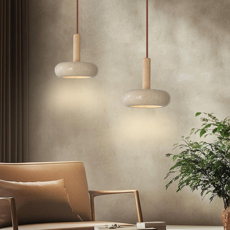 JIANTLAIUS 2PCS Japanese Wabi-sabi Style Pendant Light Round Natural Stone Shade Nordic Wood Chandelier Bedroom Bedside Light 12W for Living Dining Room Table Ceiling Hanging Lamp JIANTLAIUS