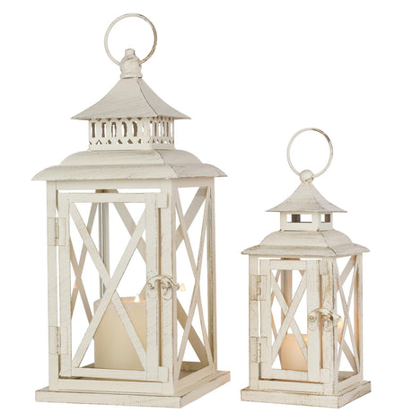 Lanterns Decorative Outdoor&Indoor, Set of 2 (14"&10") Beige Metal Lantern Decor with Glass, Candle Holder for Porch, Patio, Garden, Balcony, Wedding, Table Centerpiece NEEDOMO