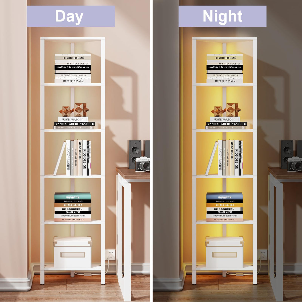 TUTOTAK 6-Tier Corner Bookshelf with LED Light,Corner Shelf for Small Space, Narrow Display Corner Shelf Stand with Storage Rack, for Living Room, Bedroom, Pure White V1BS05BW006L TUTOTAK