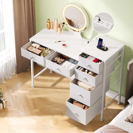 GREENSTELL Vanity Desk with Mirror and Lights, Makeup Vanity Desk with Charging Station, 6 Storage Drawers, 3 Color Modes, Dimmable, Dressing Vanity Table,Modern Bedroom Furniture, 37.6 inch, White GREENSTELL