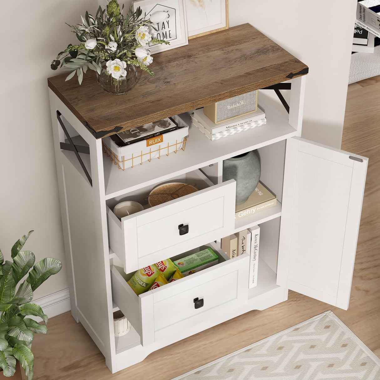 Fameill White Farmhouse Storage Cabinet with 2 Drawers & Shelves,Freestanding Storage Cabinet with Doors & Open Storage,Floor Storage Cabinet for Living Room,Bathroom,Kitchen,Laundry Fameill