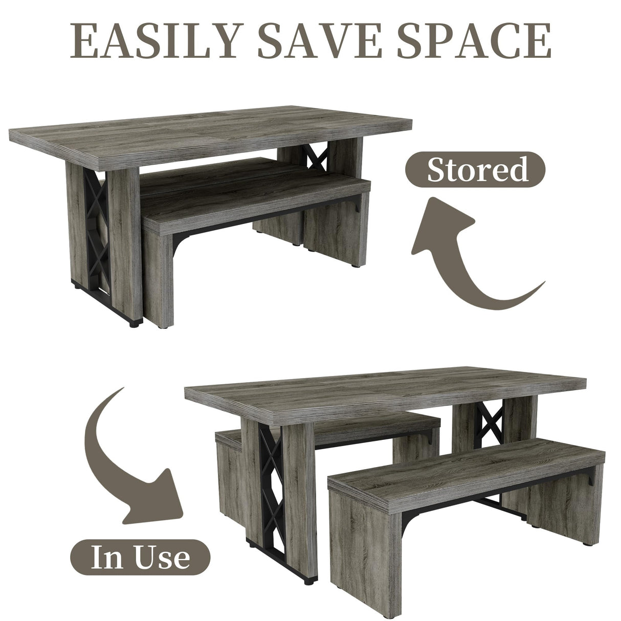 HIPIHOM 3-Piece Dining Table Set for 6-8 People, 70.8'' Rectangle Kitchen Table with 2 Benches for Breakfast Nook, Dining Room Furniture(Grey Table+Bench) HIPIHOM