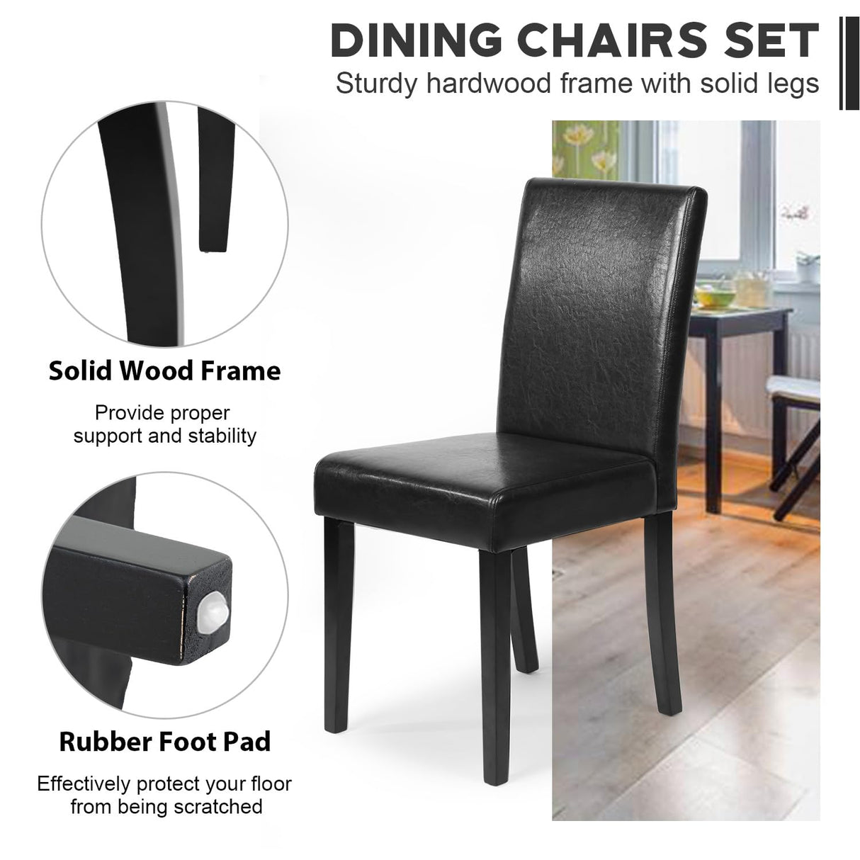 FDW Dining Chairs Set of 4,Dining Room Chairs,Side PU Cushion Chairs with Waterproof Surface and Wood Legs,for Kitchen Restaurant and Living Room,Leather Black FDW