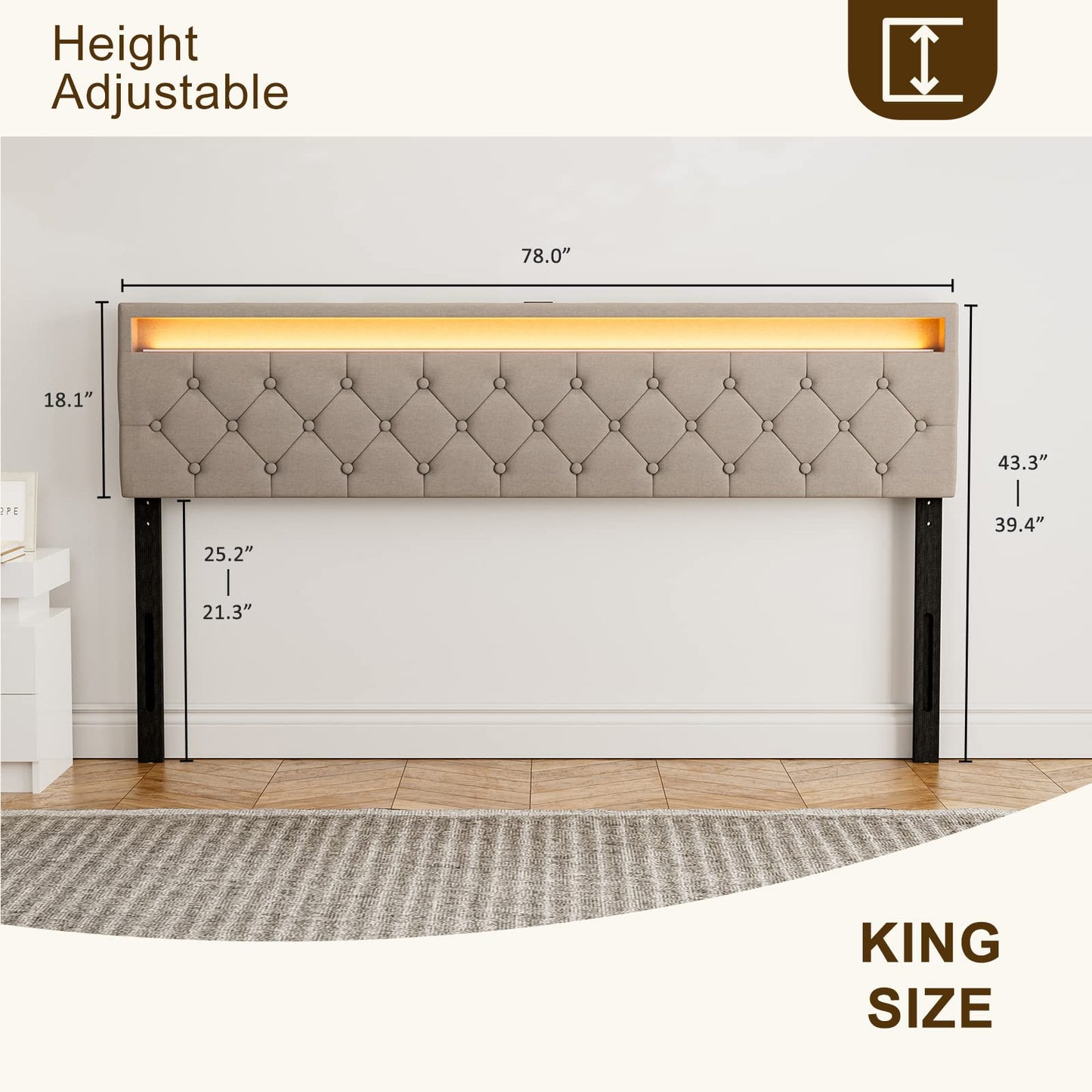 IKIFLY Adjustable King Size Upholstered Headboard with LED Lights & USB Ports in Light Brown - WoodArtSupply