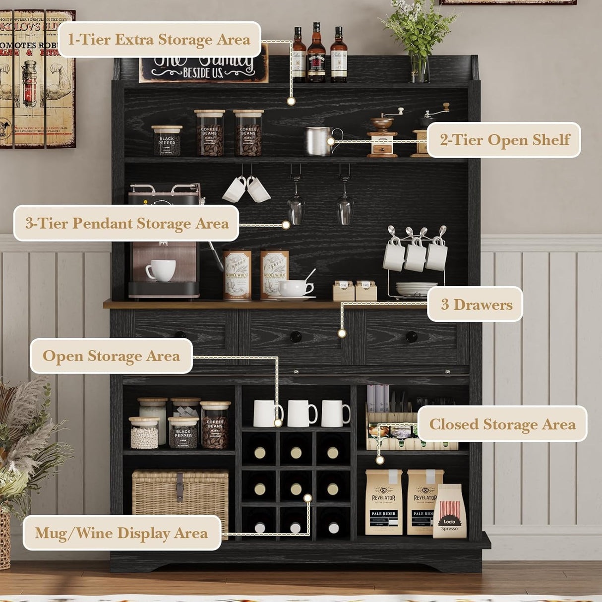 REVOMINCA 63 Inch Tall Coffee Bar Cabinet with 3-Tier, Kitchen Hutch with 3 Large Drawers, Farmhouse Coffee Bar with 9 Wine Racks & 3 Glass Holders, Wine Storage Cabinet for Living Dining Room, Black REVOMINCA