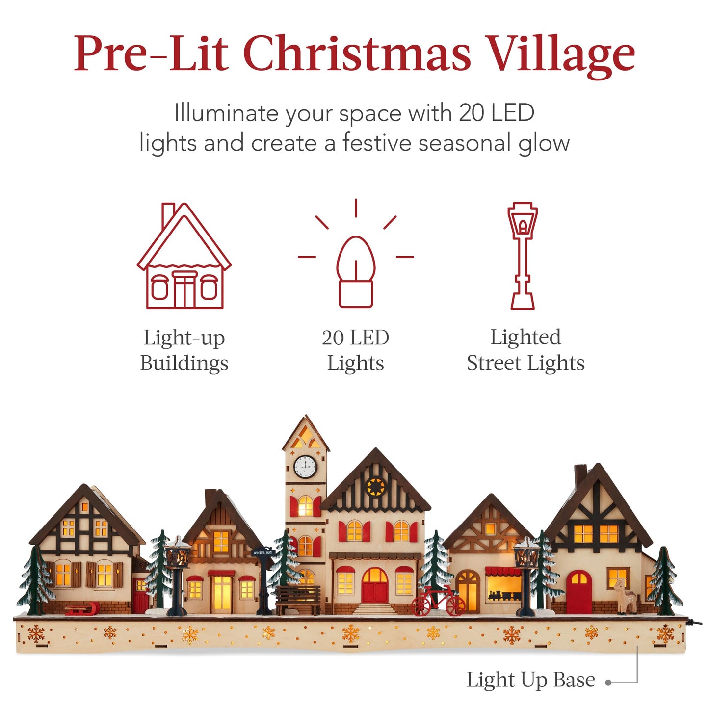 Best Choice Products Pre-Lit Wooden Christmas Village, Winter Mantel Decor, Traditional Holiday Decoration for Home, Living Room, Entryway w/LED Lights, Plug-in/Battery-Powered w/Timer