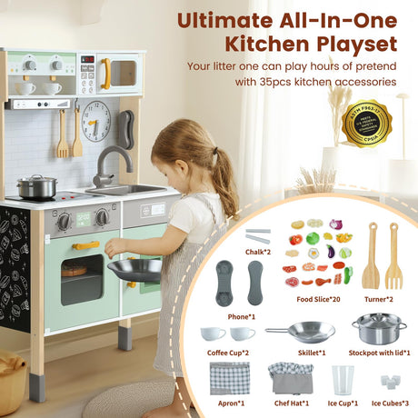 Uiirvdy Play Kitchen Wooden Kids Kitchen Playset Pretending Toys for Toddlers with Real Lights & Sounds, 3 Heights Adjustable, Chalkboard, 35Pcs Toy Food & Cookware Accessories-Green Uiirvdy