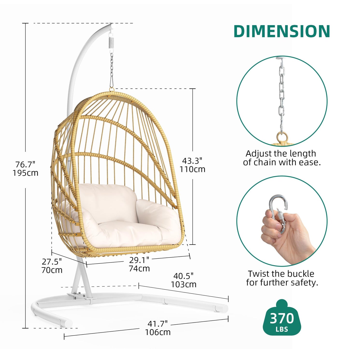 YITAHOME Wicker Swing Egg Chair with Cushions 350lbs, Foldable Hanging Basket Chair W/Stand Rattan Hammock Chair for Outdoor, Indoor, Patio, Bedroom - Beige - WoodArtSupply