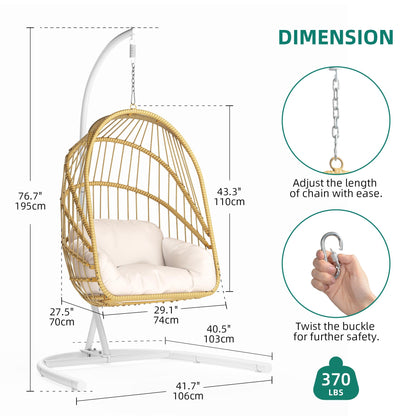 YITAHOME Wicker Swing Egg Chair with Cushions 350lbs, Foldable Hanging Basket Chair W/Stand Rattan Hammock Chair for Outdoor, Indoor, Patio, Bedroom - Beige - WoodArtSupply